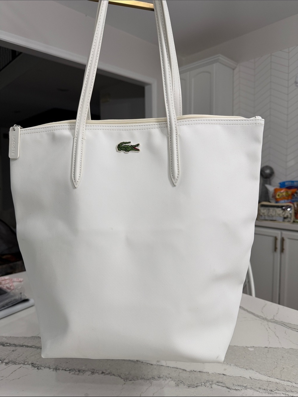 Lacoste White Tote with Signature Green Croc